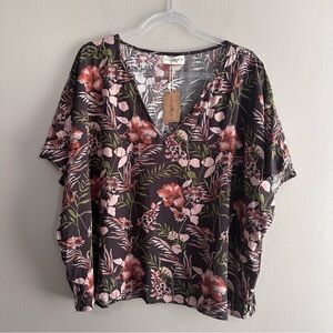 Natural Life Brown Pink Floral Easy V-neck Top Womens Medium NWT Relaxed Boho